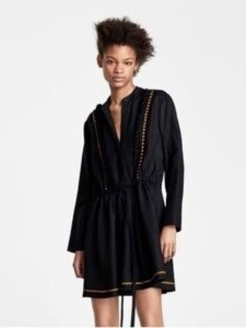 Zara Women Black Linen Dress Medium Vneck Hawaii Cruise Pompom Drawstring Waist
